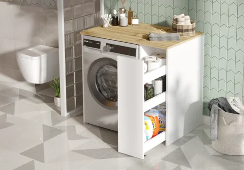 Meuble Lave-Linge avec Rangement Blanc / Chêne Meubles Votre Magasin de Meuble et Électroménager à La Réunion !