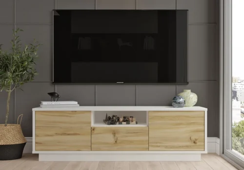 Meuble TV GAMIA 2 Portes/ 1 tiroir Blanc/Chêne 140cm Meubles Votre Magasin de Meuble et Électroménager à La Réunion !