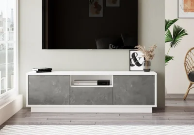 Meuble TV GAMIA 2 Portes/ 1 tiroir Blanc/Gris 140cm