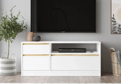 Meuble TV LANO 3 Tiroirs Blanc/Chêne 140cm Meubles Votre Magasin de Meuble et Électroménager à La Réunion !