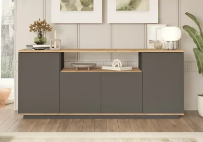 Buffet Bas 4 Portes Anthracite / Chêne (Collection BLANCA) Meubles Votre Magasin de Meuble et Électroménager à La Réunion !