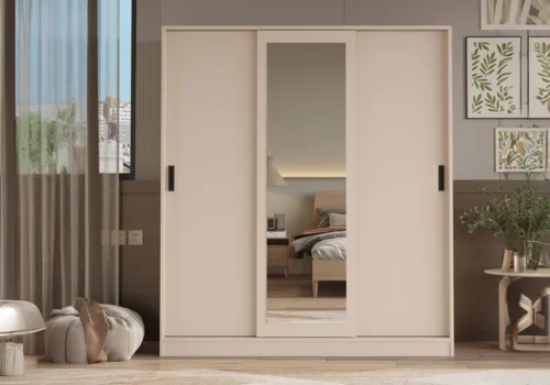 Armoire GROVE 3 Portes Coulissantes Beige Avec Miroir Armoires, Commodes & Chevets Votre Magasin de Meuble et Électroménager à La Réunion !