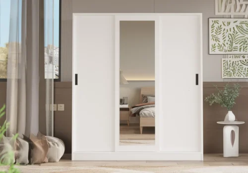 Armoire GROVE 3 Portes Coulissantes Blanc Avec Miroir Armoires, Commodes & Chevets Votre Magasin de Meuble et Électroménager à La Réunion !