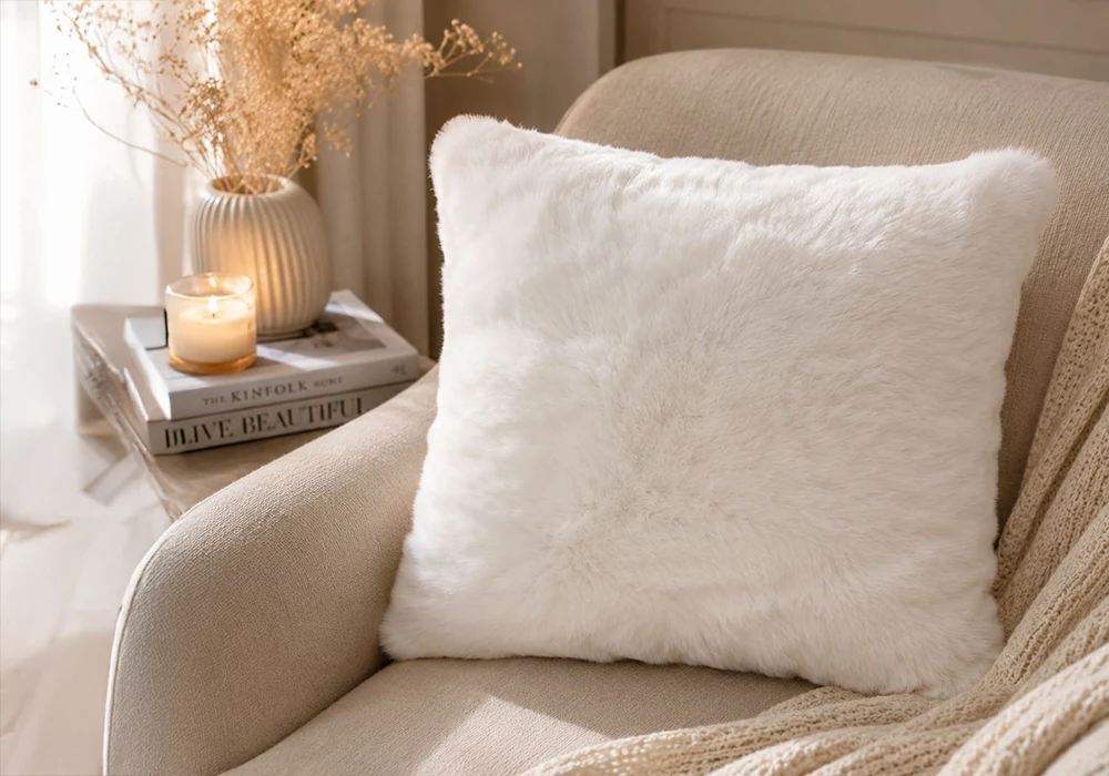 Coussin Décoratif Blanc en Fausse Fourrure – 45 x 45 cm Coussins Votre Magasin de Meuble et Électroménager à La Réunion !