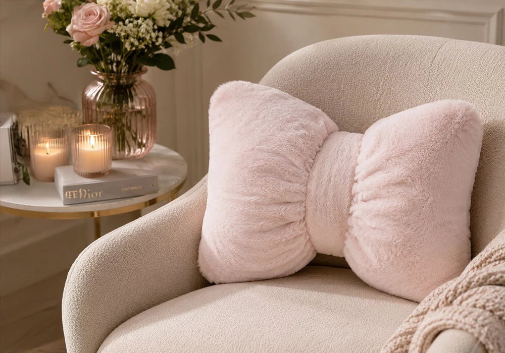 Coussin Décoratif Nœud Rose Poudré Ultra Doux – 35 x 40 cm Coussins Votre Magasin de Meuble et Électroménager à La Réunion !