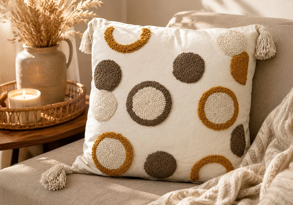 Coussin Décoratif CERCLE Bohème Graphique à Pompons – 45 x 45 cm Coussins Votre Magasin de Meuble et Électroménager à La Réunion !