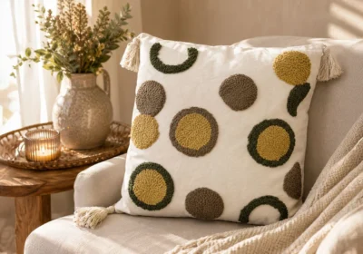 Coussin Décoratif CERCLE Vert & Beige – 45 x 45 cm