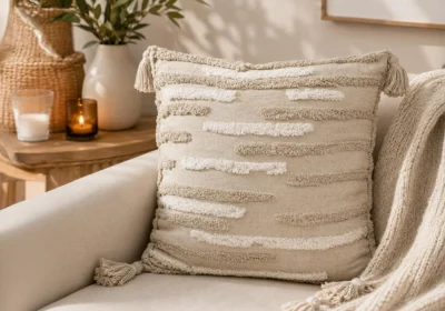 Coussin Décoratif Bohème Naturel à Pompons – 45 x 45 cm
