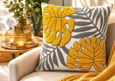 Coussin Décoratif Tropical Jaune & Gris – 45 x 45 cm