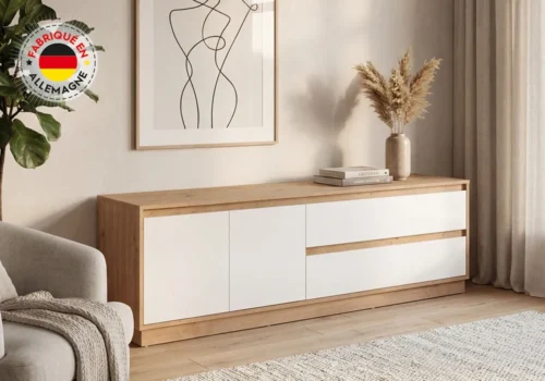 Meuble TV PHOENIX 2 Portes/ 2 Tiroirs Chêne et Blanc Brillant Les Meubles TV Votre Magasin de Meuble et Électroménager à La Réunion !