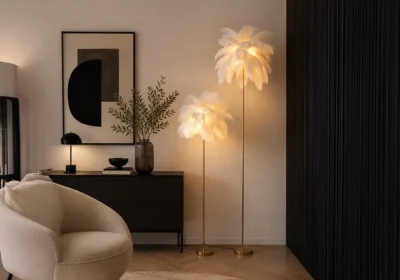 Lampadaire OPALIA PALMIER – Design Glamour Doré & Blanc Décoration Votre Magasin de Meuble et Électroménager à La Réunion !