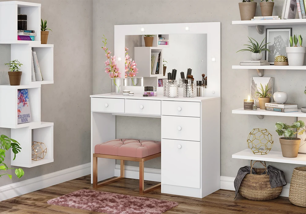 Coiffeuse CHANEL LED 4 Tiroirs/1 Porte Blanc Armoires, Commodes & Chevets Votre Magasin de Meuble et Électroménager à La Réunion ! 4 Coiffeuse CHANEL LED 4 Tiroirs/1 Porte Blanc – Image 1