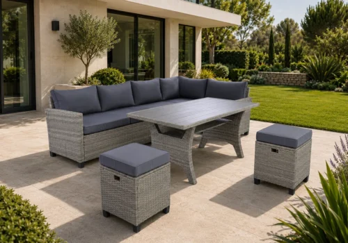 Salon de Jardin d’Angle VALENCIA avec Table de Repas et 2 Poufs Jardins & Terrasses Votre Magasin de Meuble et Électroménager à La Réunion !