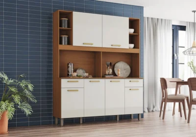 Buffet Cuisine BAMIE 6 Portes 2 Tiroirs Chêne/Blanc