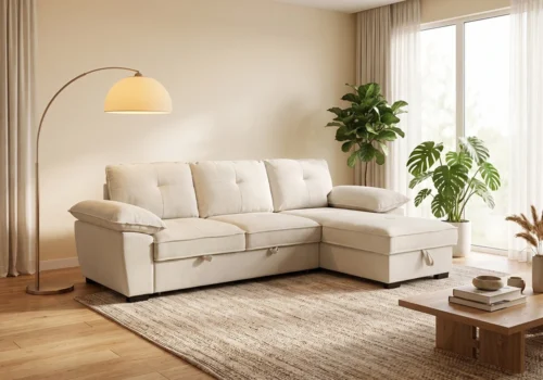 Salon D&rsquo;Angle Convertible Réversible FETIA Beige Angles Votre Magasin de Meuble et Électroménager à La Réunion !