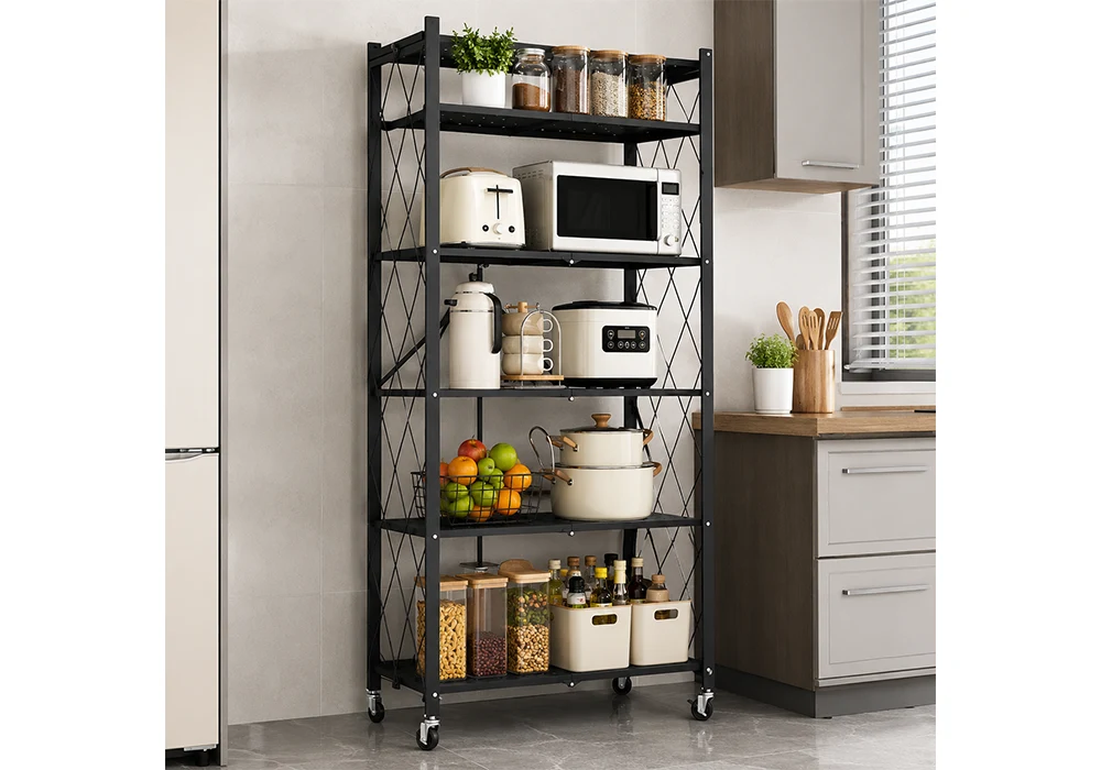Étagère Métal Pliable 5 Niveaux Sur Roulettes Armoires, Commodes & Chevets Votre Magasin de Meuble et Électroménager à La Réunion ! 4 Étagère Métal Pliable 5 Niveaux Sur Roulettes – Image 1