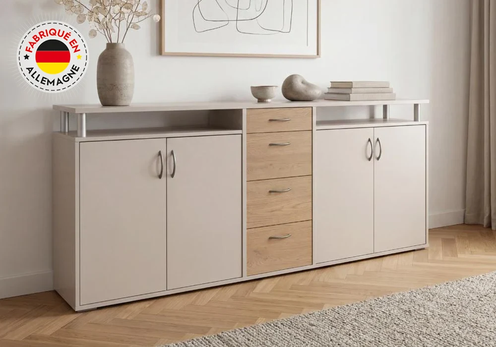 Bahut Bas MAXIMO 4 Portes/ 4 Tiroirs Beige/ Chêne Sonoma Meubles Votre Magasin de Meuble et Électroménager à La Réunion ! 4 Bahut Bas MAXIMO 4 Portes/ 4 Tiroirs Beige/ Chêne Sonoma – Image 1