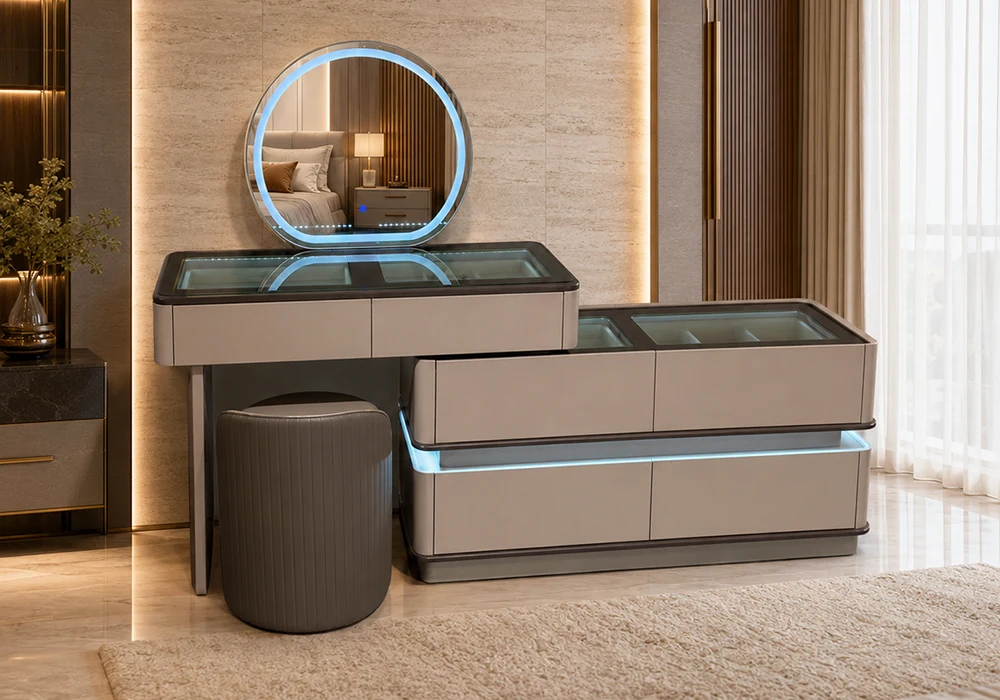 Coiffeuse LED MARLO 6 Tiroirs Avec Pouf Armoires, Commodes & Chevets Votre Magasin de Meuble et Électroménager à La Réunion ! 4 Coiffeuse LED MARLO 6 Tiroirs Avec Pouf – Image 1