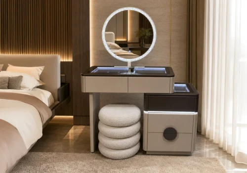 Coiffeuse LED SIMA 5 Tiroirs Avec Pouf Armoires, Commodes & Chevets Votre Magasin de Meuble et Électroménager à La Réunion !