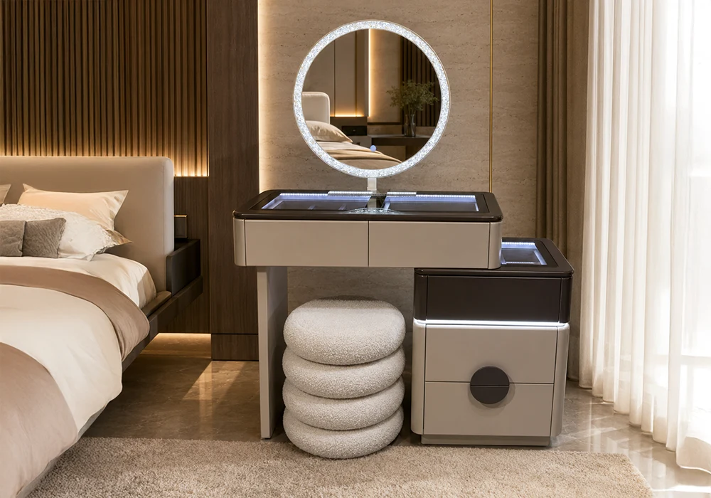 Coiffeuse LED SIMA 5 Tiroirs Avec Pouf Armoires, Commodes & Chevets Votre Magasin de Meuble et Électroménager à La Réunion ! 4 Coiffeuse LED SIMA 5 Tiroirs Avec Pouf – Image 1