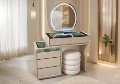 Coiffeuse LED OMER 5 Tiroirs Avec Pouf