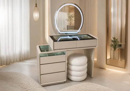 Coiffeuse LED OMER 5 Tiroirs Avec Pouf Armoires, Commodes & Chevets Votre Magasin de Meuble et Électroménager à La Réunion !