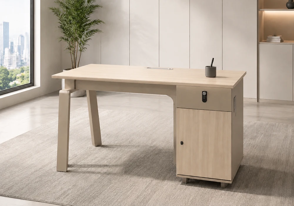 Bureau Droit MAXIO Avec Caisson de Rangement Sécurisé – Bois Clair et Beige Bureaux Votre Magasin de Meuble et Électroménager à La Réunion !