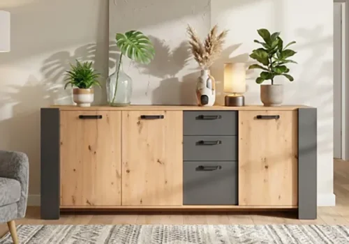 Buffet TRAVIS 3 Portes/ 3 Tiroirs CHEBE Artisan/ Gris Anthracite Meubles Votre Magasin de Meuble et Électroménager à La Réunion !