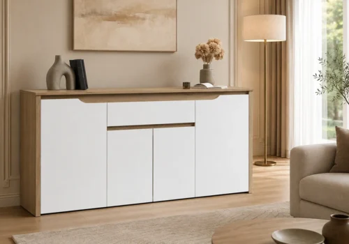 Buffet Bas WENDY 4 Portes/ 1 Tiroir Blanc/ Chêne Meubles Votre Magasin de Meuble et Électroménager à La Réunion !