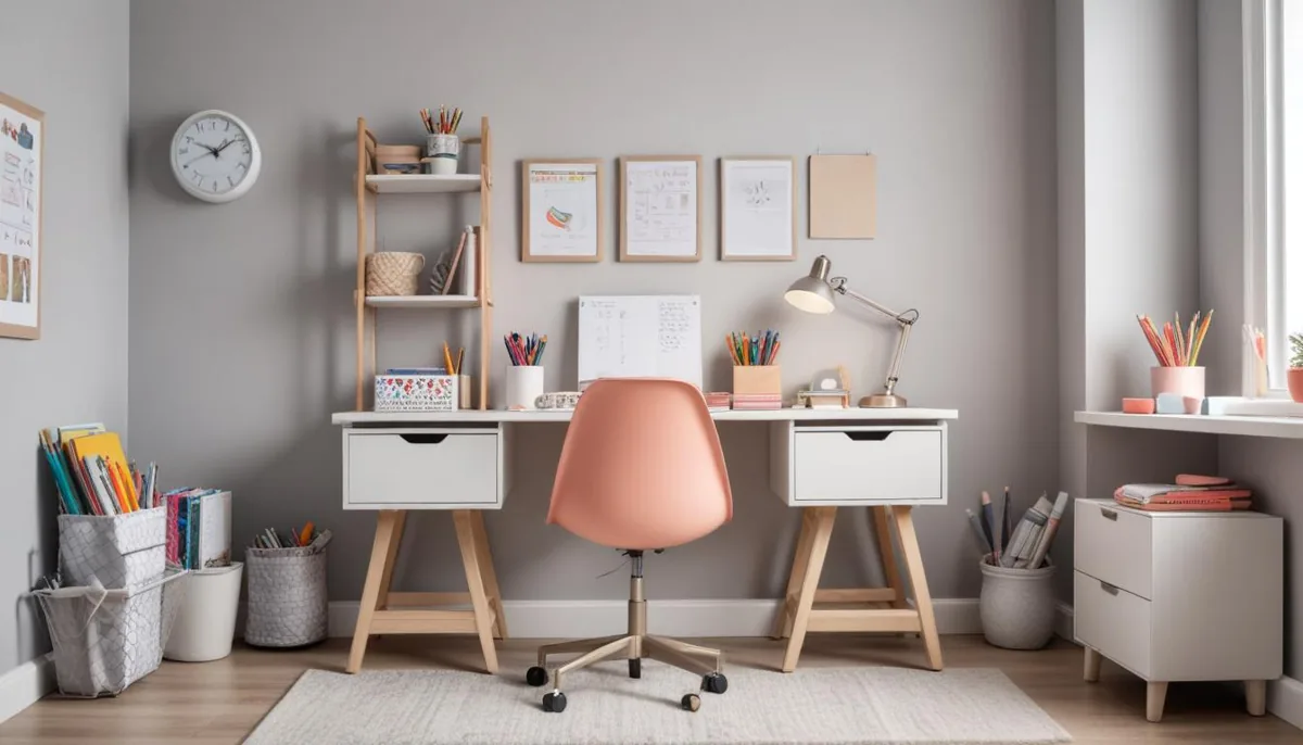 Bureau fonctionnel avec lampe et fournitures dans une chambre d'ado