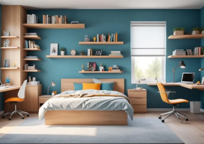 Chambre d'ado moderne avec lit, bureau et étagères