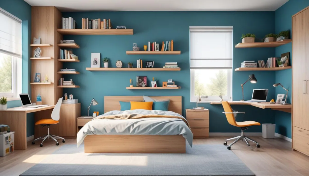 Chambre d'ado moderne avec lit, bureau et étagères