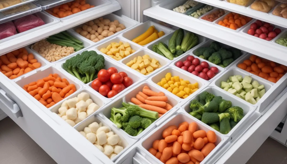 Tiroirs de congélateur remplis de provisions bien organisées