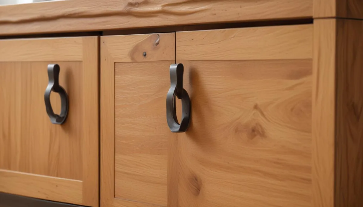 Détail d'un buffet en bois massif avec poignées