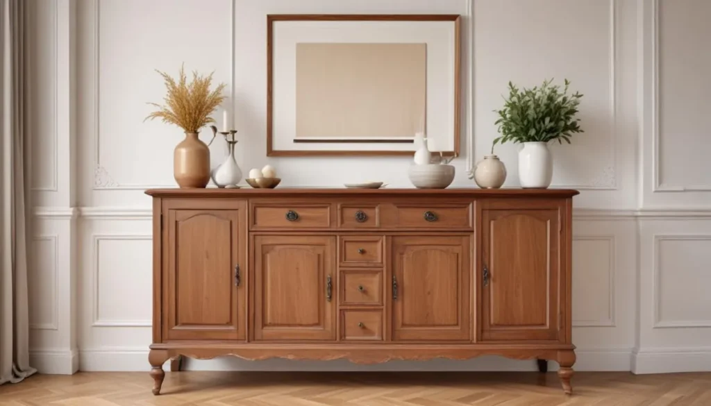 Buffet en bois élégant dans une salle à manger lumineuse