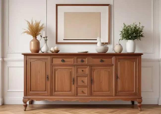 Buffet en bois élégant dans une salle à manger lumineuse