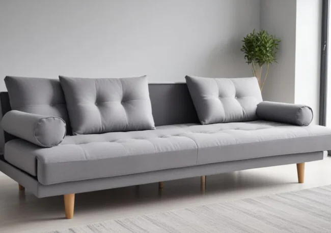 Canapé convertible gris dans un salon moderne et lumineux