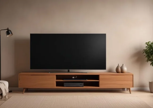 Téléviseur grand écran posé sur un meuble dans un salon moderne