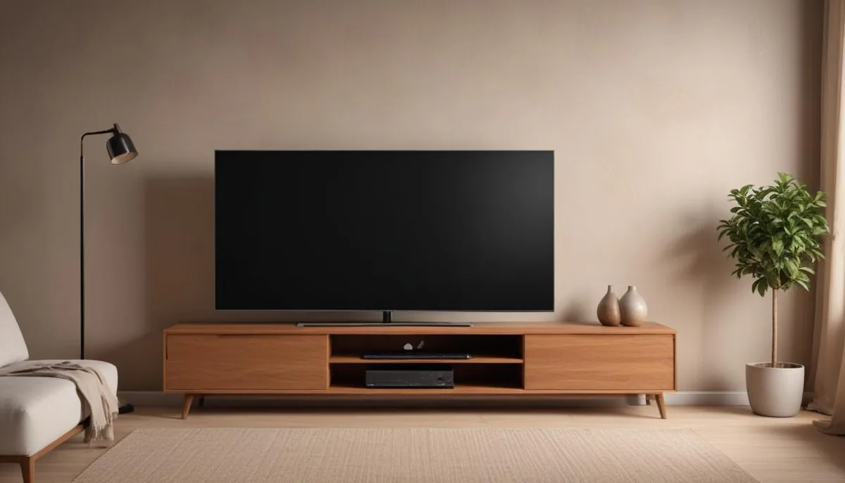 Téléviseur grand écran posé sur un meuble dans un salon moderne