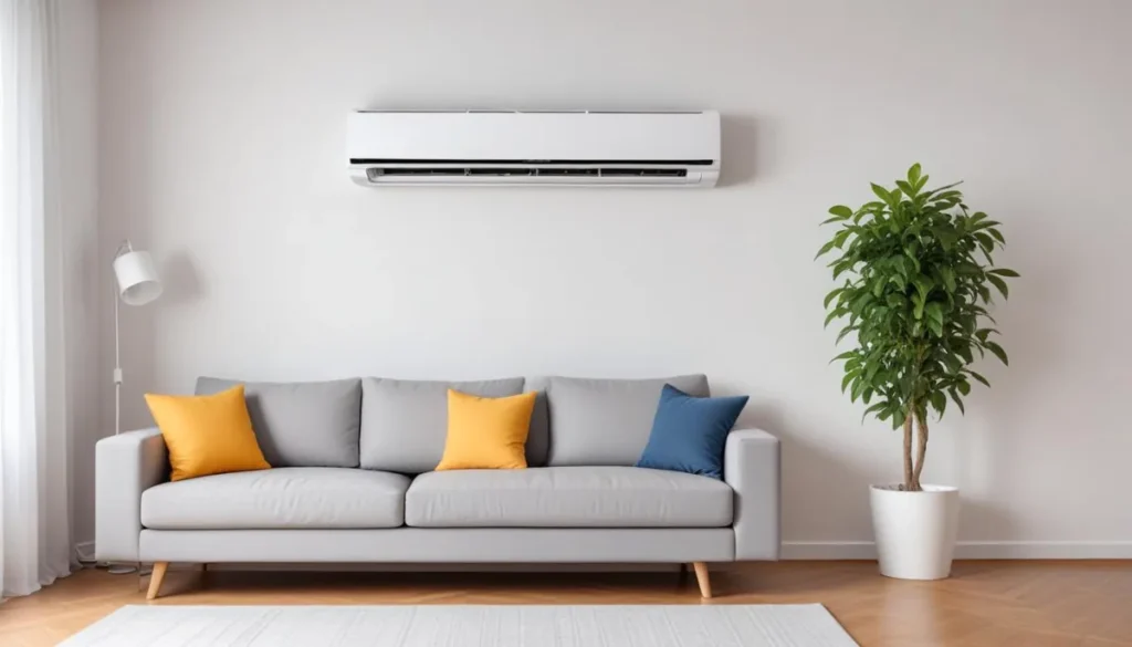 Climatiseur réversible mural dans un salon lumineux et confortable
