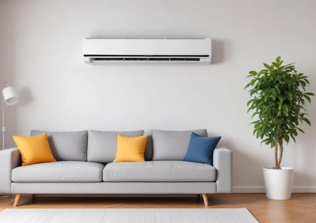 Climatiseur réversible mural dans un salon lumineux et confortable