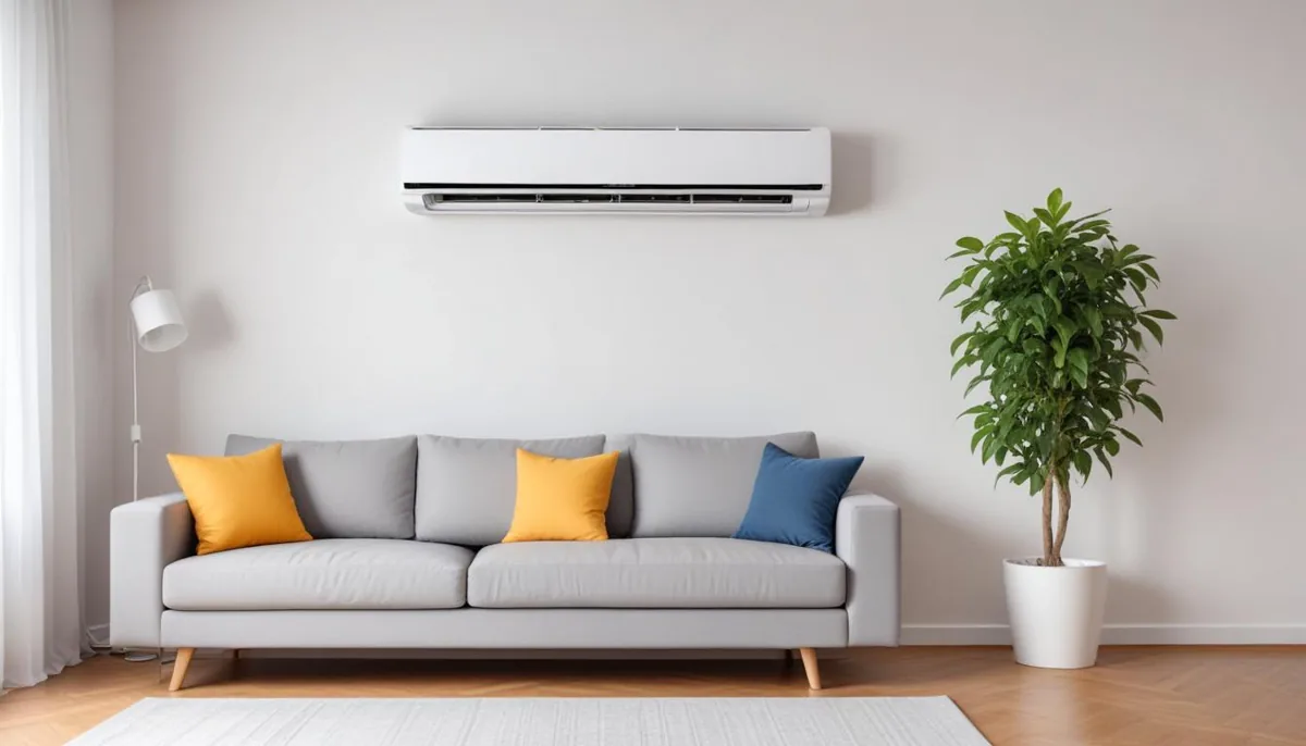 Climatiseur réversible mural dans un salon lumineux et confortable
