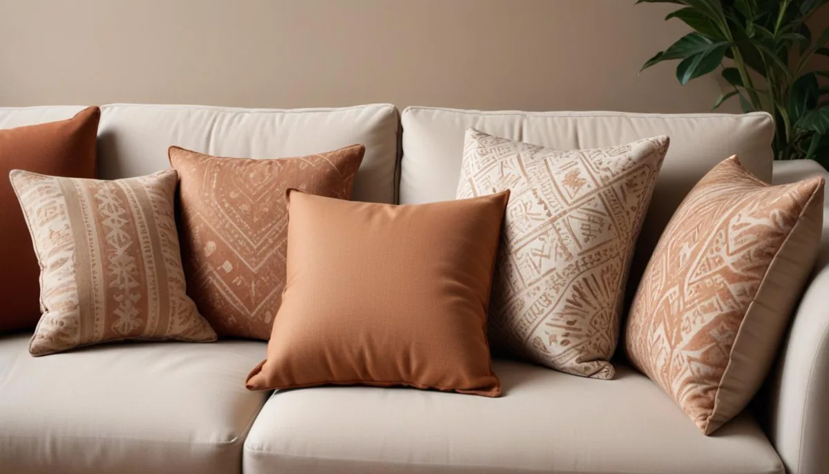 Coussins aux couleurs chaudes et motifs variés sur un canapé neutre