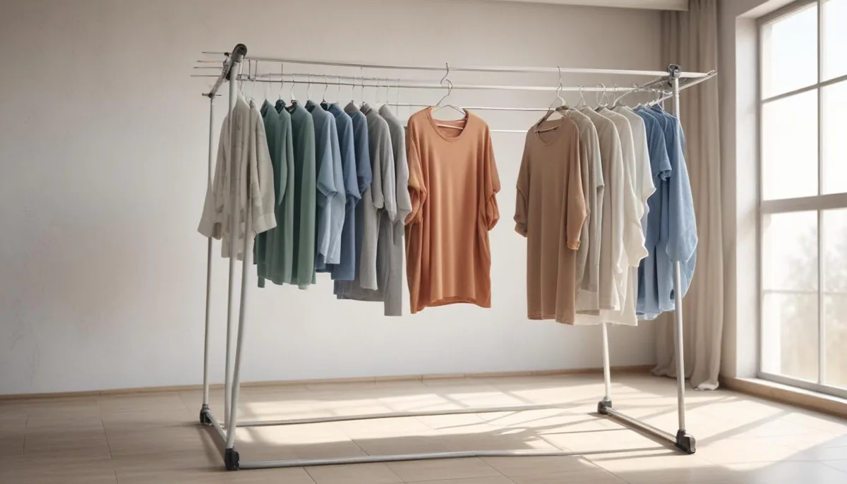 Linge en train de sécher sur un étendoir dans une pièce aérée