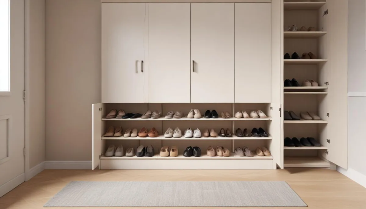 Meuble à chaussures rangé dans l'entrée d'une maison