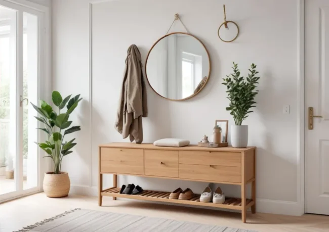 Entrée de maison aménagée avec console, meuble à chaussures et miroir