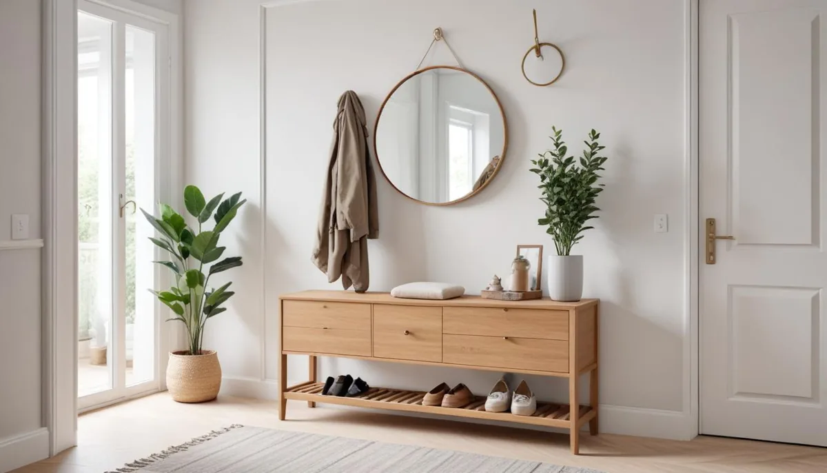 Entrée de maison aménagée avec console, meuble à chaussures et miroir