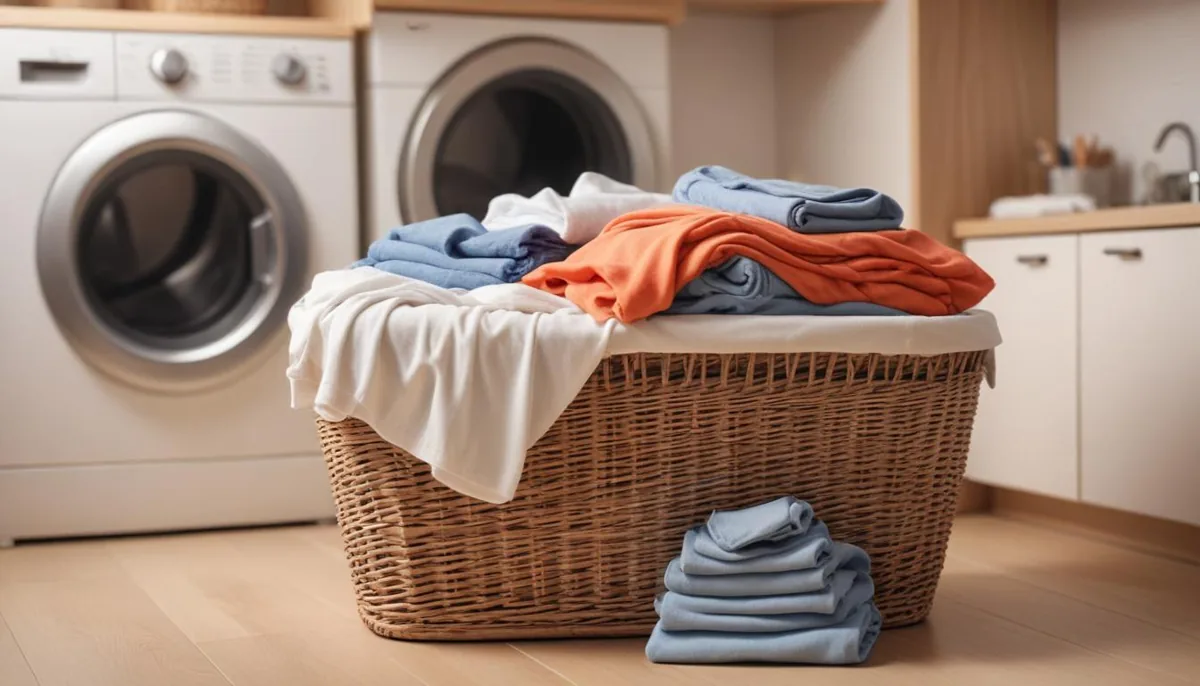 Panier de linge propre près d'un sèche-linge familial