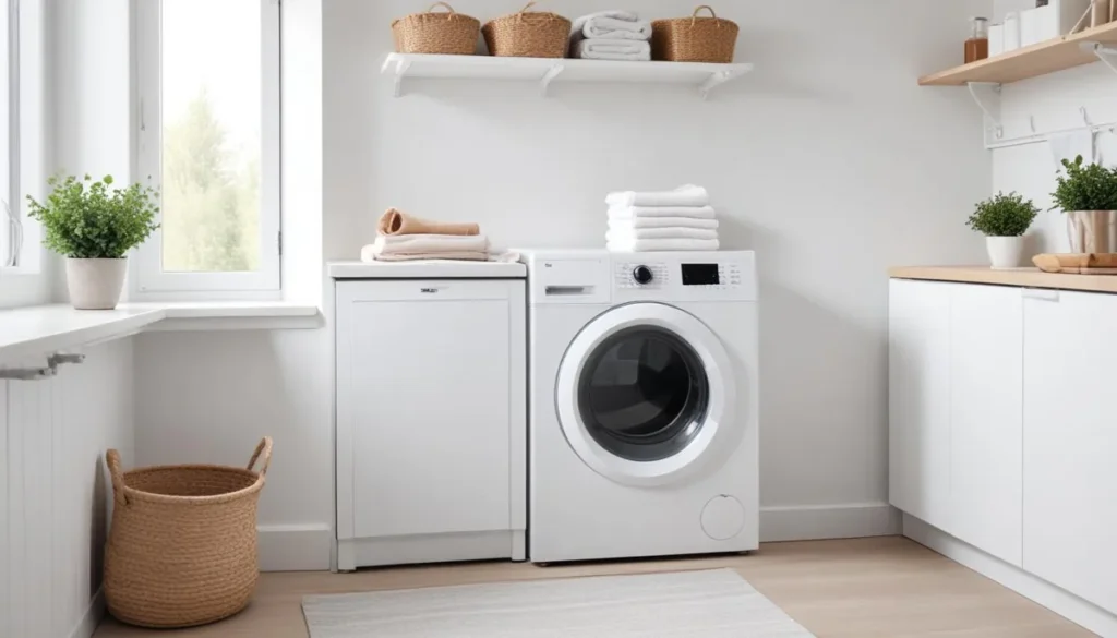 Sèche-linge blanc moderne dans une buanderie lumineuse