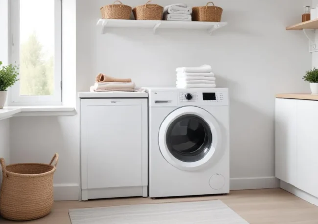 Sèche-linge blanc moderne dans une buanderie lumineuse